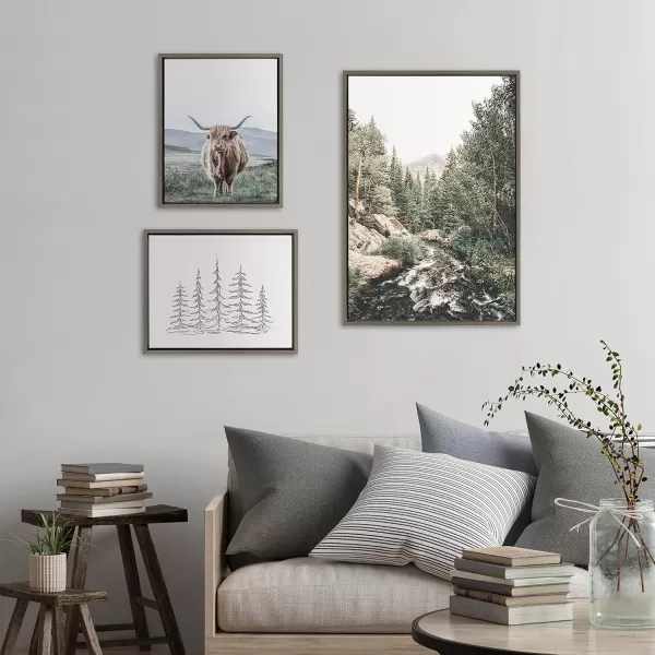 Kate and Laurel Sylvie Meet Me Here Highland Cow Mountain Landscape and Minimalist Evergreen Trees Framed Canvas Wall Art Set by Various Artists Set of 3 two 16x20 and one 23x33 Natural FramesGray