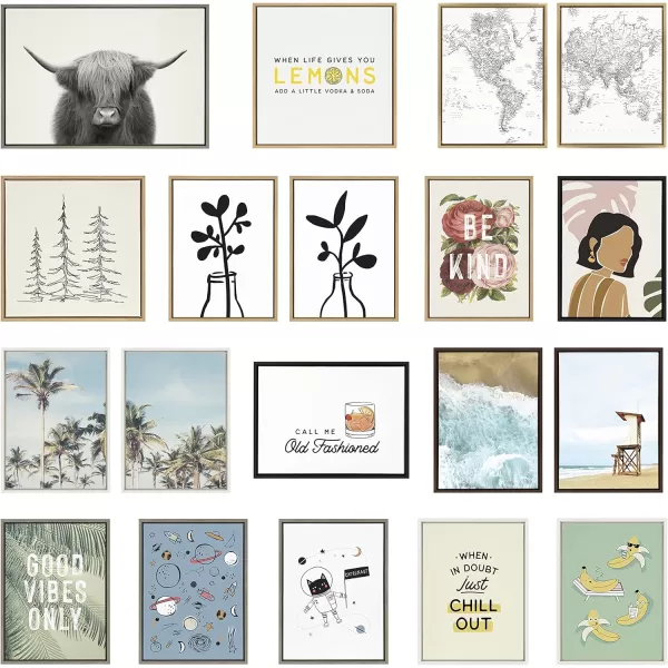 Kate and Laurel Sylvie Meet Me Here Highland Cow Mountain Landscape and Minimalist Evergreen Trees Framed Canvas Wall Art Set by Various Artists Set of 3 two 16x20 and one 23x33 Natural FramesNatural