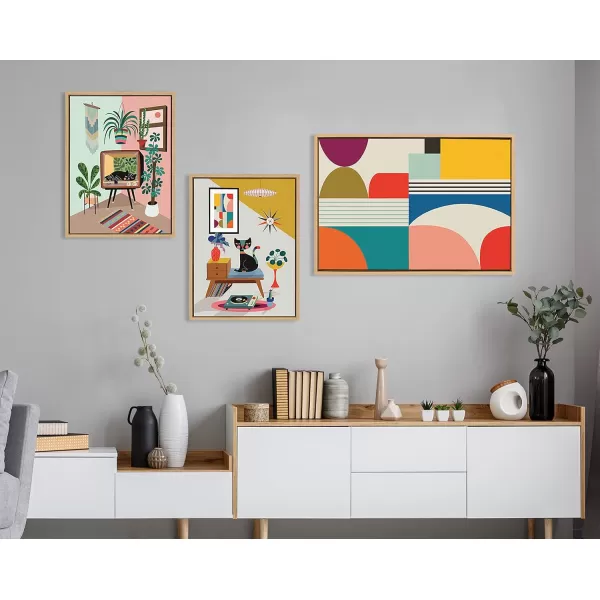 Kate and Laurel Sylvie Mid Century Modern Pattern Framed Canvas Wall Art by Rachel Lee of My Dream Wall 18x40 Brown Colorful Abstract Art Print for Home Wall DecorNatural