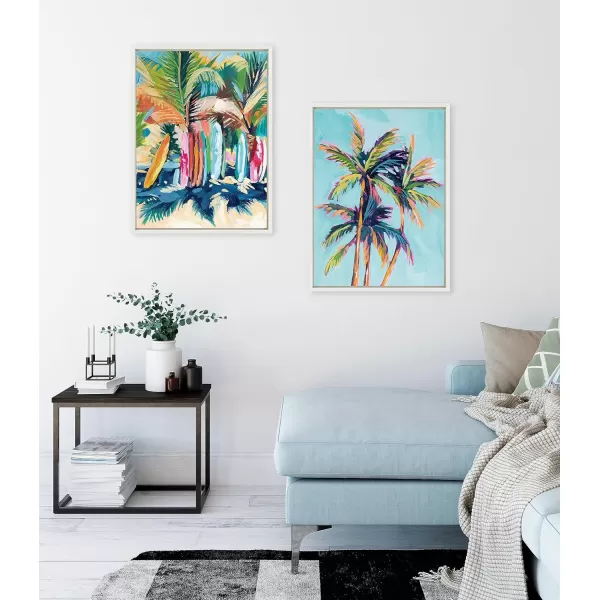 Kate and Laurel Sylvie Surf and Sand and Tropical Palms Study Framed Canvas Wall Art Set by Rachel Christopoulos 2 Piece 18x24 White Coastal Beach Palm Tree Art for Wall