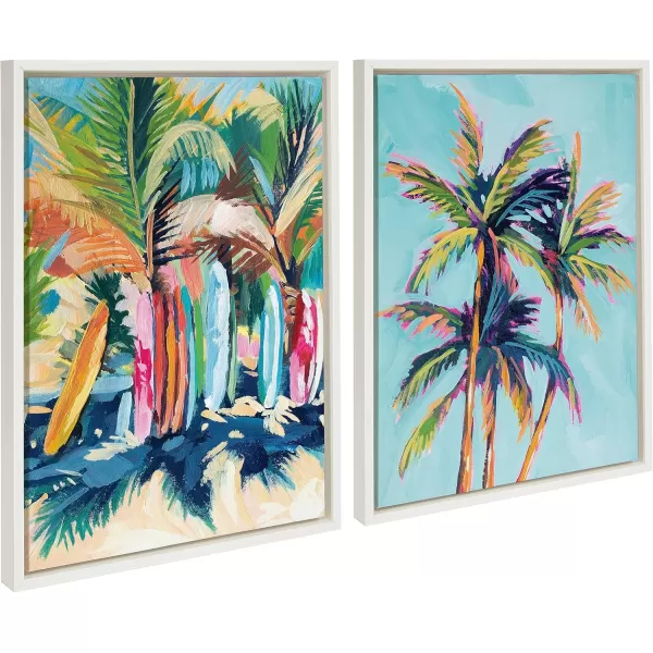 Kate and Laurel Sylvie Surf and Sand and Tropical Palms Study Framed Canvas Wall Art Set by Rachel Christopoulos 2 Piece 18x24 White Coastal Beach Palm Tree Art for Wall
