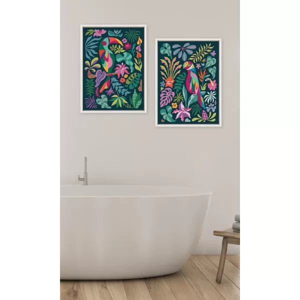 Kate and Laurel Sylvie Tropical Parrot and Tropical Toucan Framed Canvas Wall Art Set by Rachel Lee 2 Piece 18x24 White Vibrant Colorful Bird Art for Wall