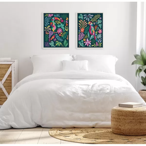 Kate and Laurel Sylvie Tropical Parrot and Tropical Toucan Framed Canvas Wall Art Set by Rachel Lee 2 Piece 18x24 White Vibrant Colorful Bird Art for Wall