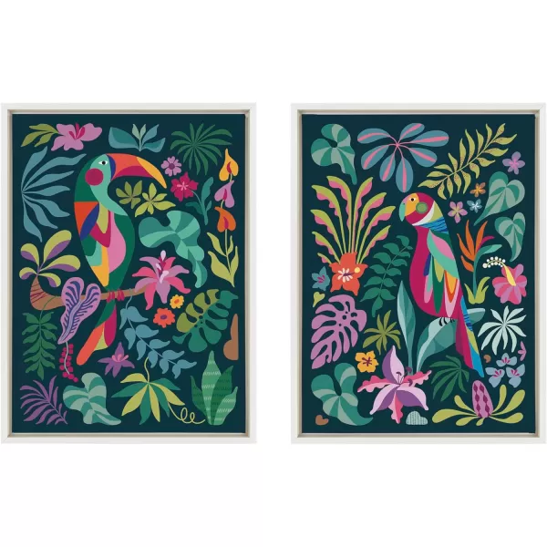 Kate and Laurel Sylvie Tropical Parrot and Tropical Toucan Framed Canvas Wall Art Set by Rachel Lee 2 Piece 18x24 White Vibrant Colorful Bird Art for Wall