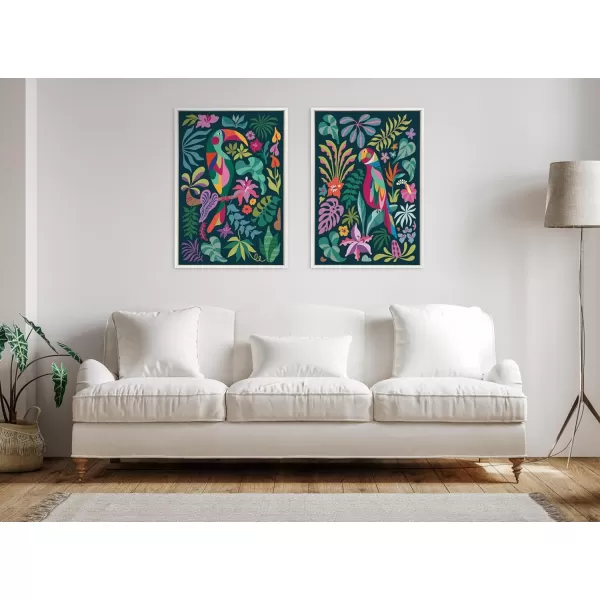 Kate and Laurel Sylvie Tropical Parrot and Tropical Toucan Framed Canvas Wall Art Set by Rachel Lee 2 Piece Set 23x33 White Vibrant Colorful Bird Art for Wall