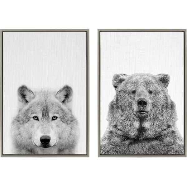 Kate and Laurel Sylvie Wolf and Bear European Framed Canvas Wall Art Set by Simon Te of Tai Prints 2 piece 18x24 Natural Modern Nature Animals Art for Wall Home DecorGray