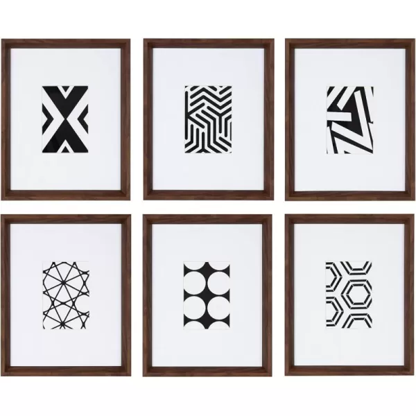 Kate and Laurel Calter 6 Framed Modern Black and White Geometric Abstract Art Prints BlackWalnut Brown