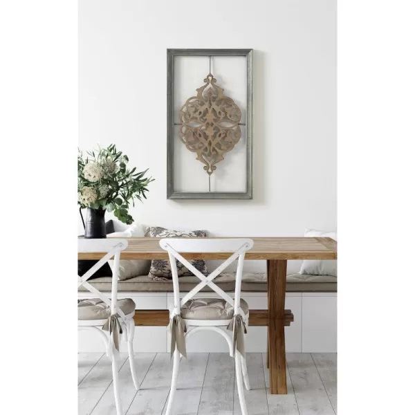 Kate and Laurel Headlow Rectangle Mixed Materials Wall Art Plaque with Carved Wooden Design and Galvanized Metal Frame 19x34 Rustic Brown