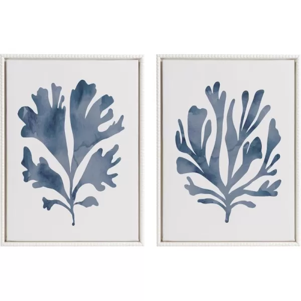 Kate and Laurel Sylvie Beaded Sophisticated Neutral Coral Blue 1 and Sophisticated Neutral Coral Blue 2 Framed Canvas Wall Art Set by The Creative Bunch Studio 2 Piece Set 18x24 White Light Blue Art