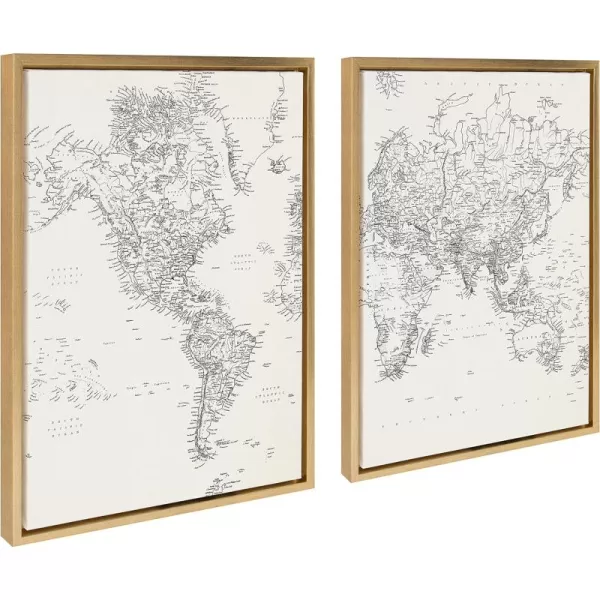 Kate and Laurel Sylvie Black and White Modern Retro World Map Framed Canvas Wall Art Set by The Creative Bunch Studio 2 Piece 18x24 Gold Vintage Map Art for Wall