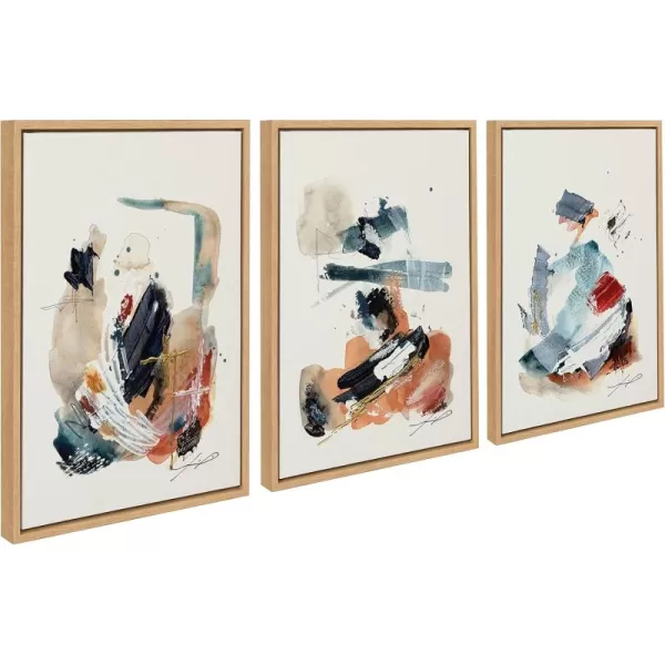 Kate and Laurel Sylvie By The Fireplace Series Framed Canvas Wall Art Set by Xizhou Xie 3 Piece Set Gold Modern Abstract Colorful Brushstrokes Art for WallNatural