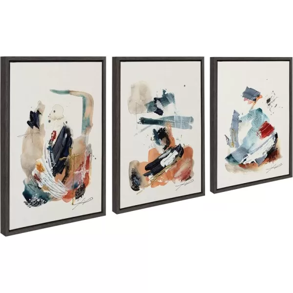 Kate and Laurel Sylvie By The Fireplace Series Framed Canvas Wall Art Set by Xizhou Xie 3 Piece Set Gold Modern Abstract Colorful Brushstrokes Art for WallGray
