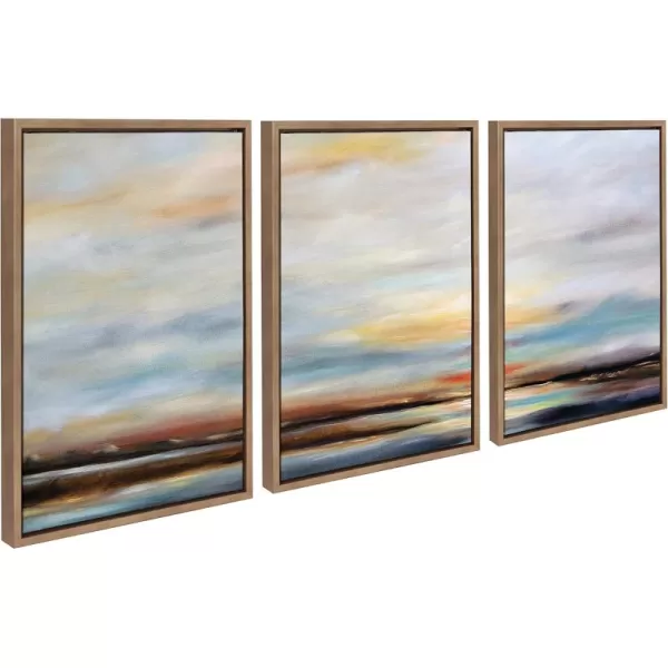Kate and Laurel Sylvie Carolina Sunset Triptych Framed Canvas Wall Art Set by Mary Sparrow 3 Piece Set Gold Natural Beach Landscape Art Set for Home Wall Decor