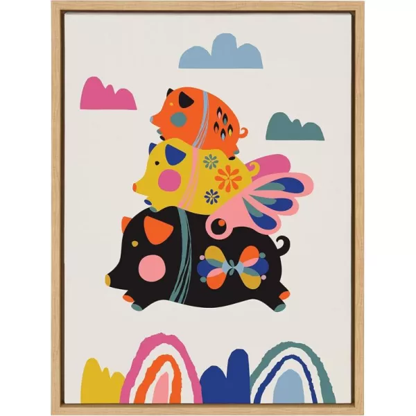 Kate and Laurel Sylvie Flying Pigs Framed Canvas Wall Art by Rachel Lee of My Dream Wall 18x24 Natural Whimsical Abstract Animal Art