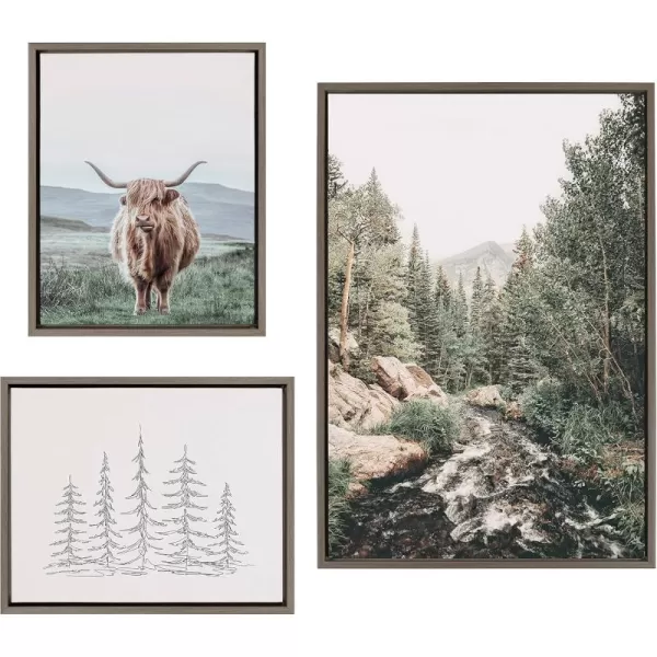 Kate and Laurel Sylvie Meet Me Here Highland Cow Mountain Landscape and Minimalist Evergreen Trees Framed Canvas Wall Art Set by Various Artists Set of 3 two 16x20 and one 23x33 Natural FramesGray