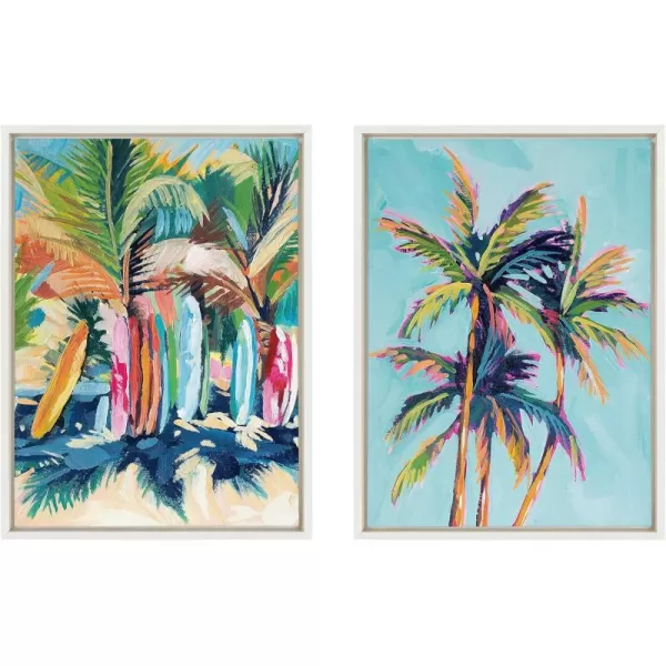 Kate and Laurel Sylvie Surf and Sand and Tropical Palms Study Framed Canvas Wall Art Set by Rachel Christopoulos 2 Piece 18x24 White Coastal Beach Palm Tree Art for Wall