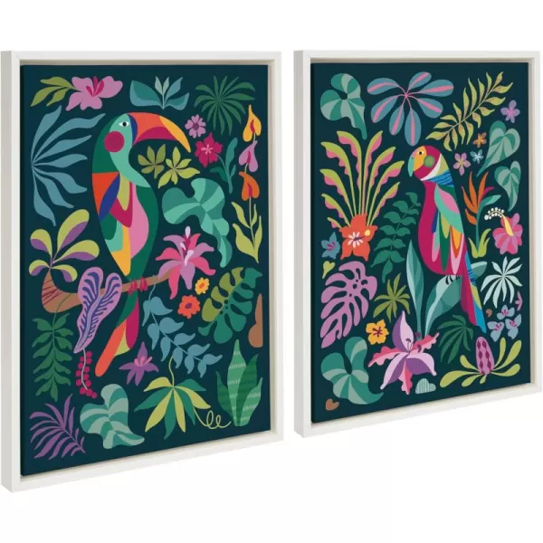 Kate and Laurel Sylvie Tropical Parrot and Tropical Toucan Framed Canvas Wall Art Set by Rachel Lee 2 Piece 18x24 White Vibrant Colorful Bird Art for Wall