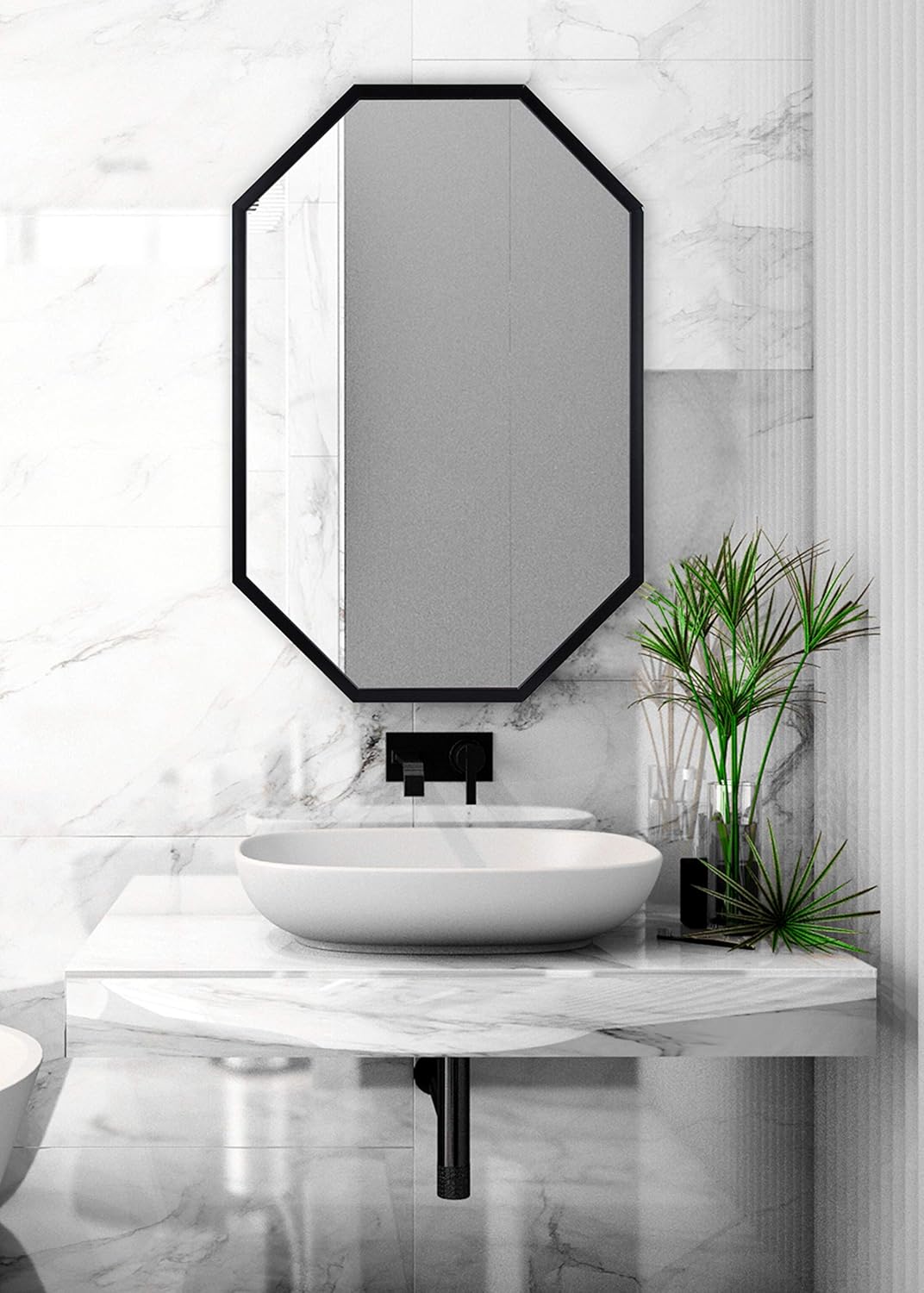 imageKate and Laurel Laverty Modern Oblong Octagon Framed Wall Mirror 24 x 36 Black Geometric Wall Decor