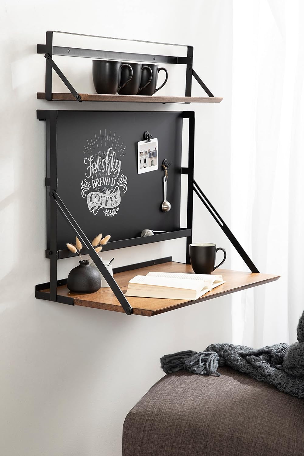 Kate and Laurel McAllister Modern Functional Floating Desk with Versatile Folding Shelf and Magnetic Chalkboard for Home Office or Homework Station 27x18x30 Rustic BrownBlack