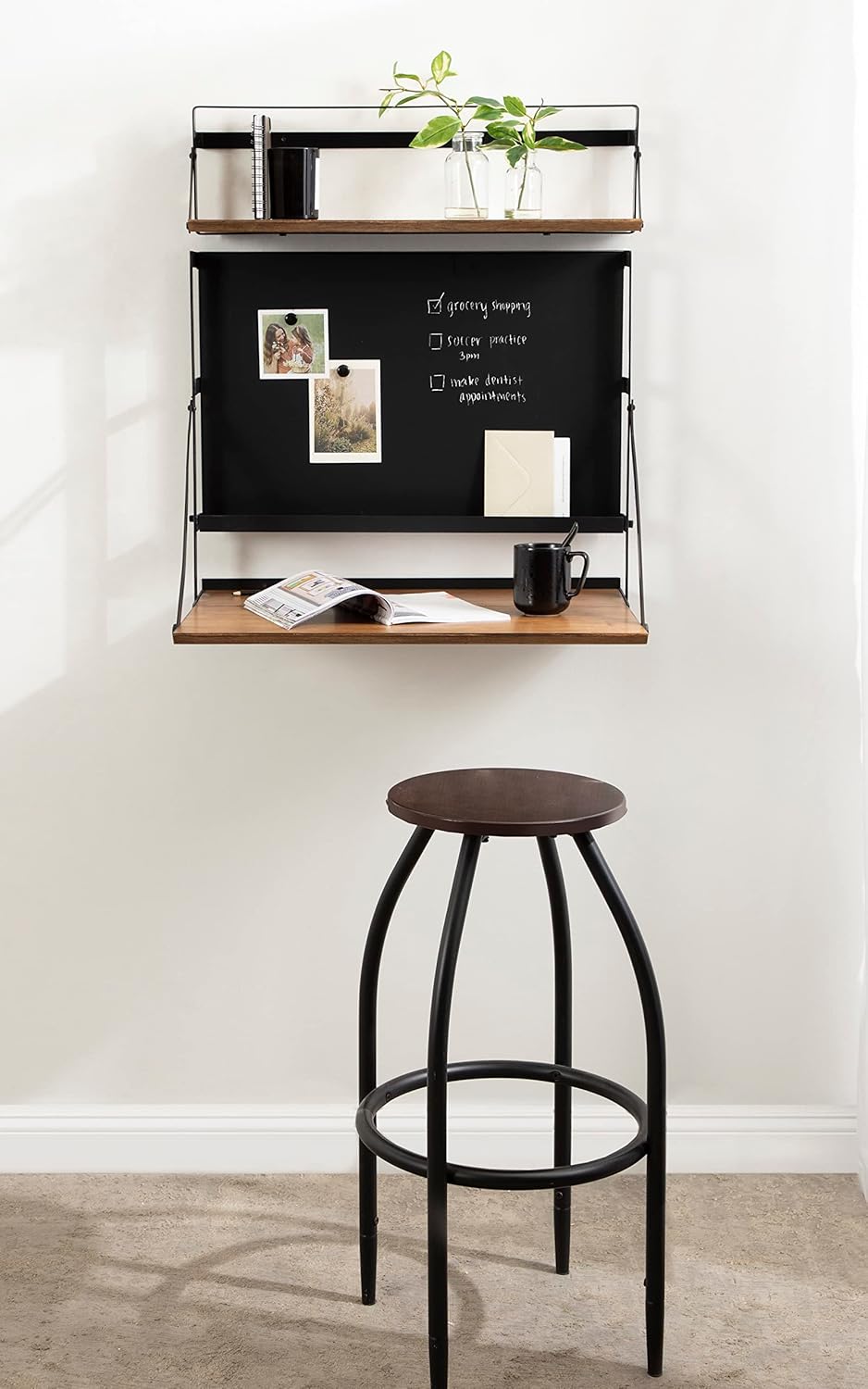 Kate and Laurel McAllister Modern Functional Floating Desk with Versatile Folding Shelf and Magnetic Chalkboard for Home Office or Homework Station 27x18x30 Rustic BrownBlack
