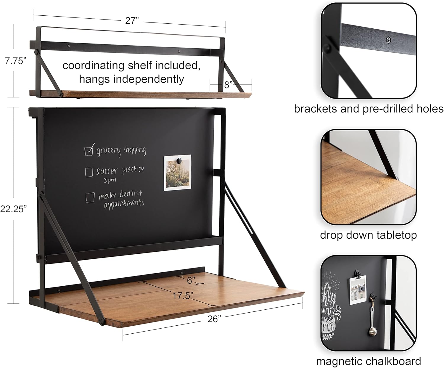 Kate and Laurel McAllister Modern Functional Floating Desk with Versatile Folding Shelf and Magnetic Chalkboard for Home Office or Homework Station 27x18x30 Rustic BrownBlack