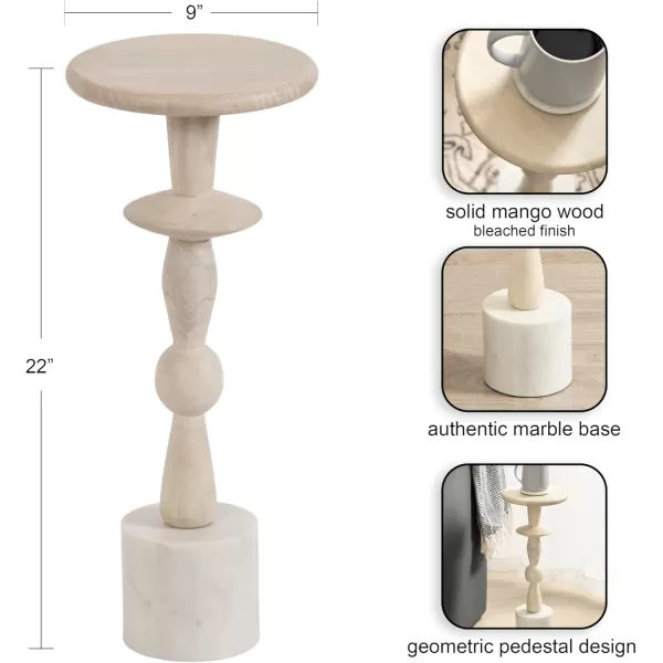 Kate and Laurel Avenal Modern Round Wood Drink Table 9 x 9 x 22 Bleached Wood and White Marble Boho Circle Mini Table with Marble Base for Use as Martini Table or Small Bedroom Nightstand Option