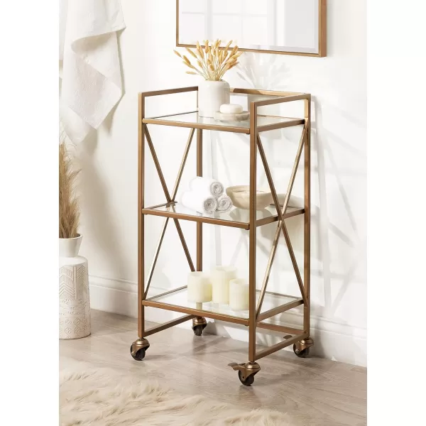 Kate and Laurel Blex Glam Metal and Glass Rolling Bar Cart 16 x 13 x 32 Gold Decorative Three Tier Rolling Cart with Locking Wheels and Glass ShelvingGold