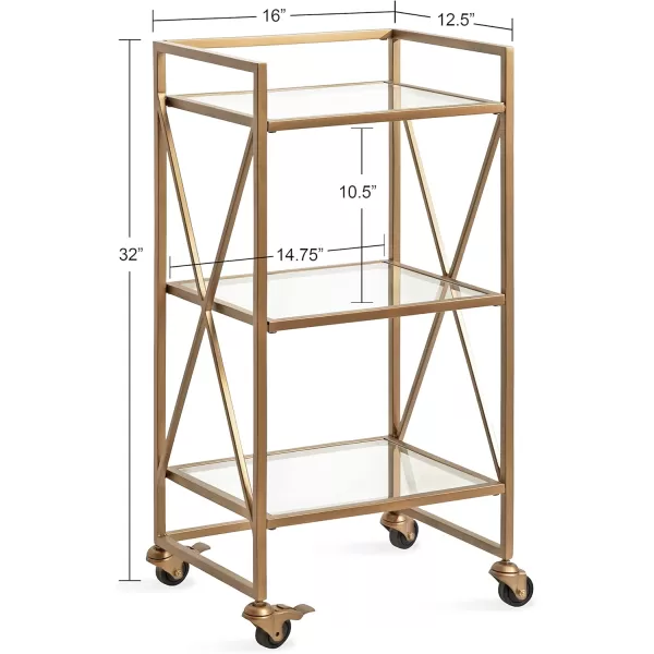 Kate and Laurel Blex Glam Metal and Glass Rolling Bar Cart 16 x 13 x 32 Gold Decorative Three Tier Rolling Cart with Locking Wheels and Glass ShelvingGold