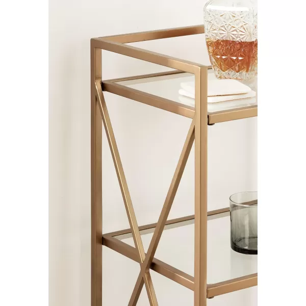 Kate and Laurel Blex Glam Metal and Glass Rolling Bar Cart 16 x 13 x 32 Gold Decorative Three Tier Rolling Cart with Locking Wheels and Glass ShelvingGold
