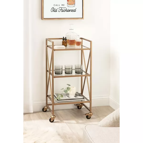 Kate and Laurel Blex Glam Metal and Glass Rolling Bar Cart 16 x 13 x 32 Gold Decorative Three Tier Rolling Cart with Locking Wheels and Glass ShelvingGold