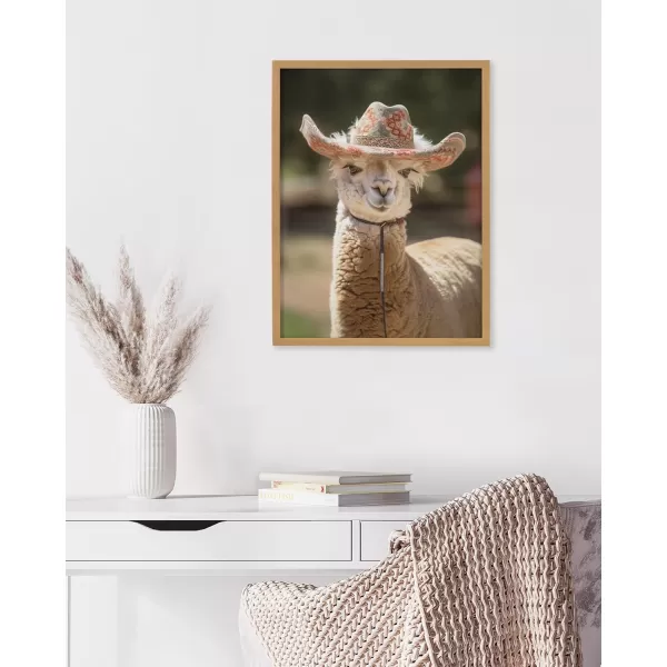 Kate and Laurel Boho Llama Alpaca Wearing A Western Cowgirl Hat Framed Wall Art by The Creative Bunch Studio 12x16 Gold Cute Llama Art for Wall