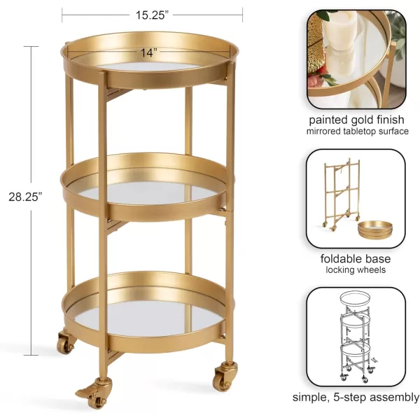 Kate and Laurel Celia Modern 3Tier Bar Cart 16 x 16 x 29 Black Decorative Round Rolling Serving Cart with Lockable Wheels and Three Tiers of Storage and Display SpaceGold