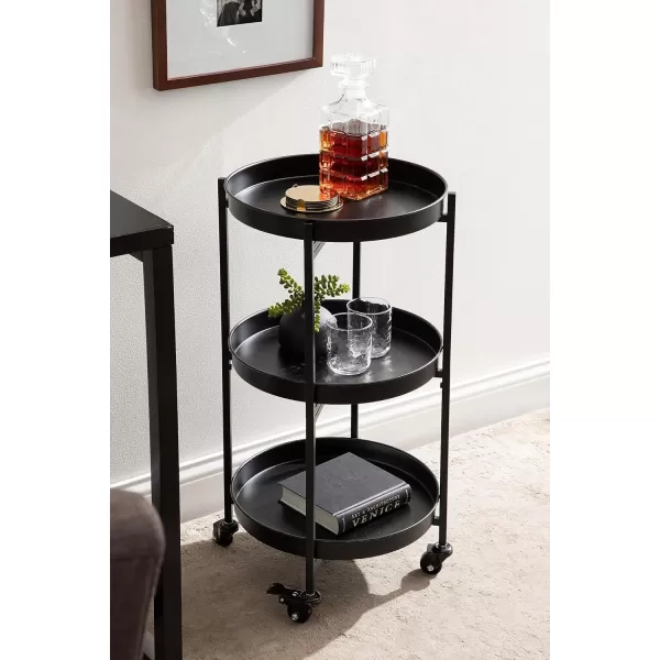 Kate and Laurel Celia Modern 3Tier Bar Cart 16 x 16 x 29 Black Decorative Round Rolling Serving Cart with Lockable Wheels and Three Tiers of Storage and Display SpaceBlack