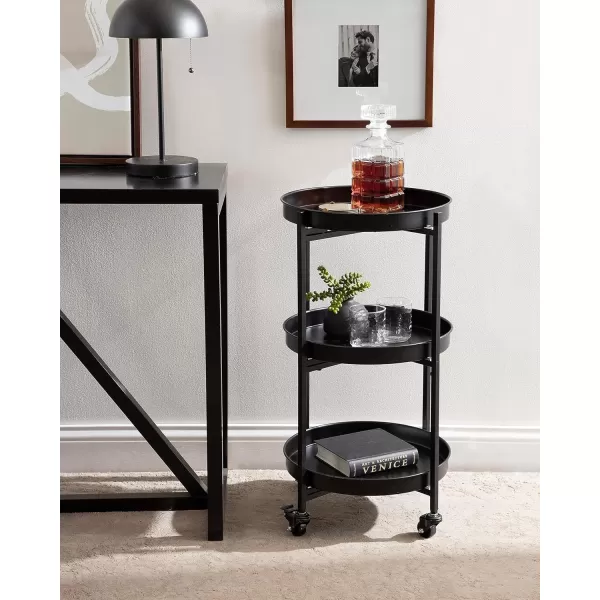 Kate and Laurel Celia Modern 3Tier Bar Cart 16 x 16 x 29 Black Decorative Round Rolling Serving Cart with Lockable Wheels and Three Tiers of Storage and Display SpaceBlack