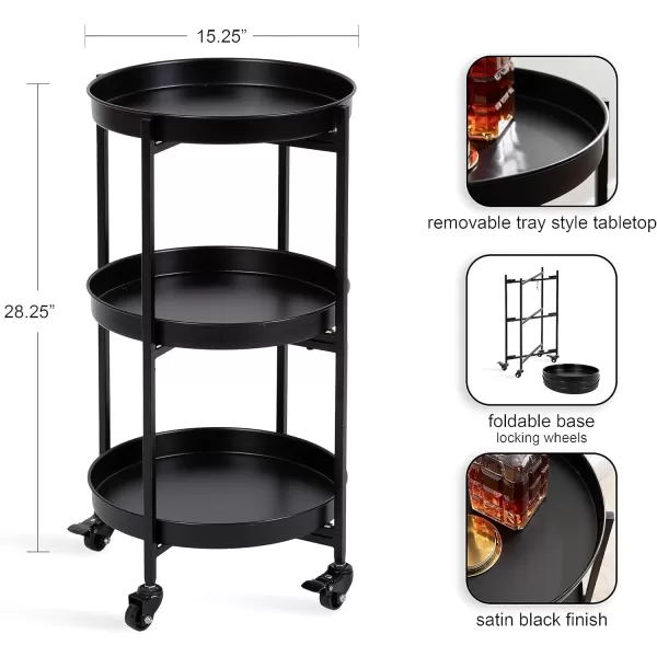 Kate and Laurel Celia Modern 3Tier Bar Cart 16 x 16 x 29 Black Decorative Round Rolling Serving Cart with Lockable Wheels and Three Tiers of Storage and Display SpaceBlack