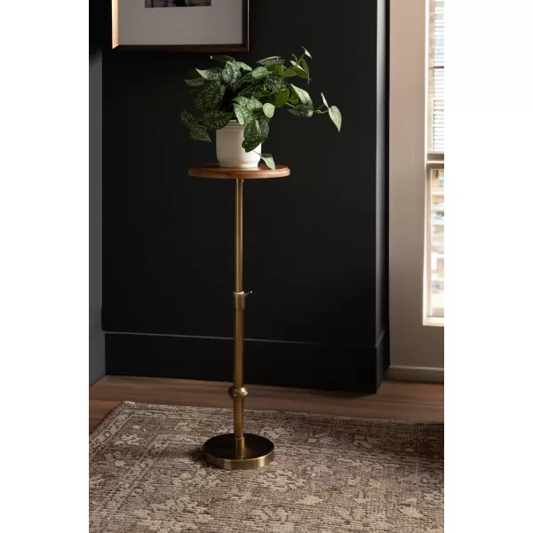 Kate and Laurel Engles Modern AdjustableHeight Pedestal Drink Table 10 x 10 x 30 Walnut Brown and Brass MidCentury Round Indoor Metal Plant Stand with Solid Wood TabletopWalnut BrownGold