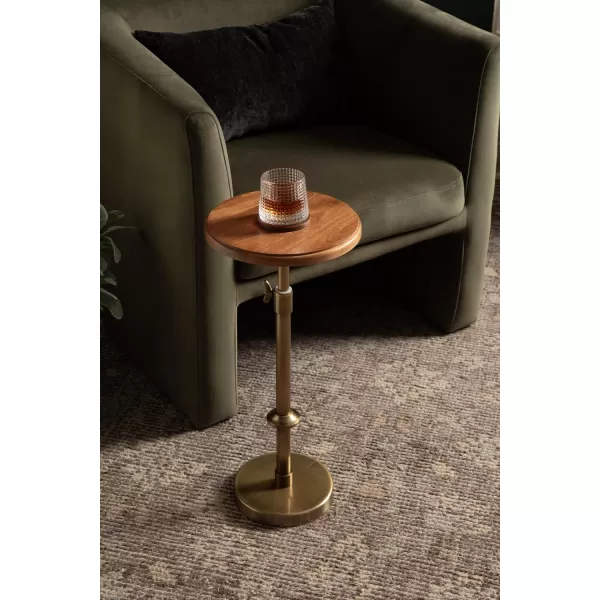 Kate and Laurel Engles Modern AdjustableHeight Pedestal Drink Table 10 x 10 x 30 Walnut Brown and Brass MidCentury Round Indoor Metal Plant Stand with Solid Wood TabletopWalnut BrownGold