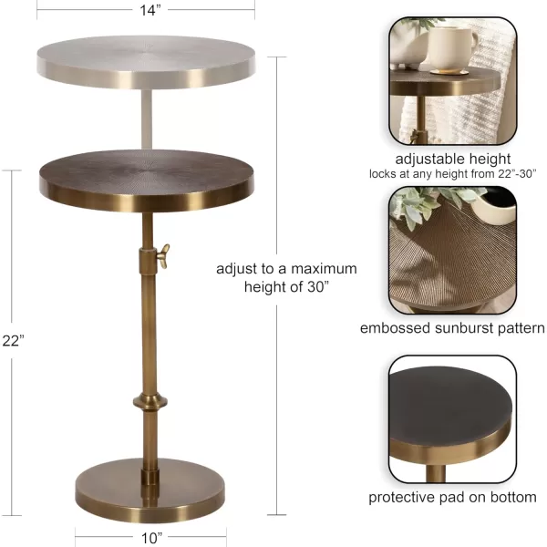 Kate and Laurel Engles Traditional AdjustableHeight Pedestal Side Table 14 x 14 x 30 Antique Brass Vintage Round Indoor Metal Plant Stand with Embossed Pattern for Use as Bedroom NightstandGold