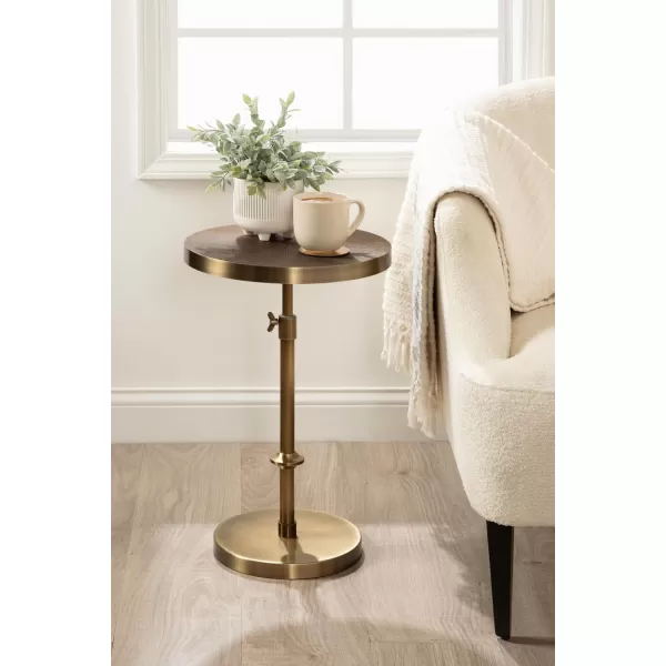 Kate and Laurel Engles Traditional AdjustableHeight Pedestal Side Table 14 x 14 x 30 Antique Brass Vintage Round Indoor Metal Plant Stand with Embossed Pattern for Use as Bedroom NightstandGold