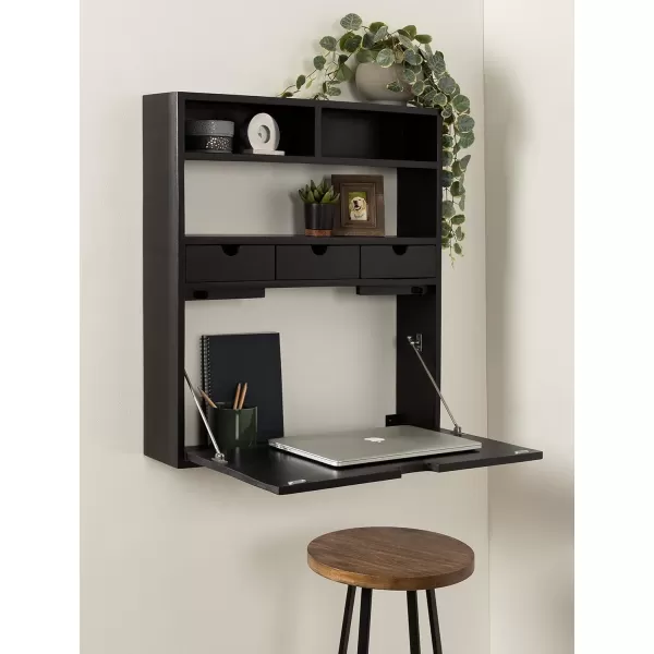 Kate and Laurel Georgie Rustic Wood Floating Desk 26 x 6 x 30 Rustic Brown Bohemian Computer Desk for Home Office with Folding DesignBlack