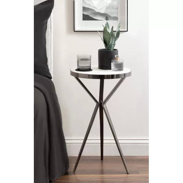 Kate and Laurel Gribben Modern Round Marble Side Table 14 x 14 x 24 White and Gray Gunmetal TripodBase Bedside Table for Display and Storage as a Bedroom Nightstand or Living Room Accent