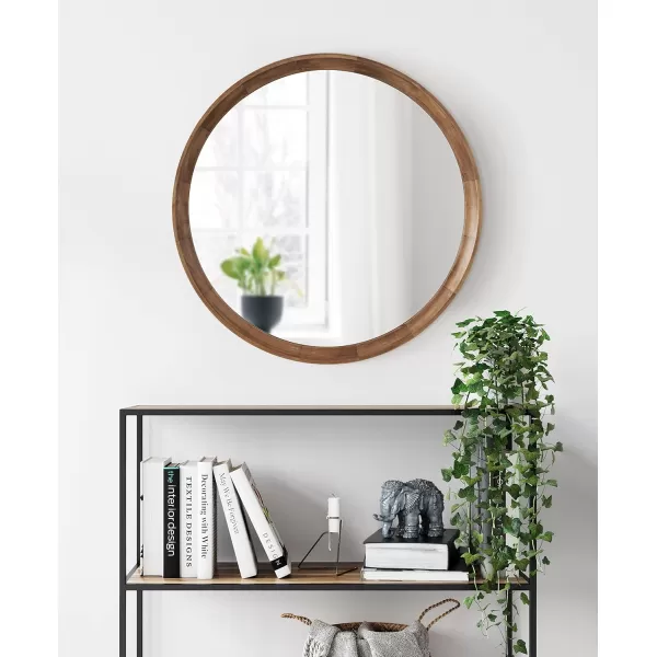 imageKate and Laurel Hatherleigh Modern Round Wooden Wall Mirror 34Inch Diameter Natural Wood Decorative Wood Circle Mirror for Use in Bathroom Entryway or BedroomRustic Brown