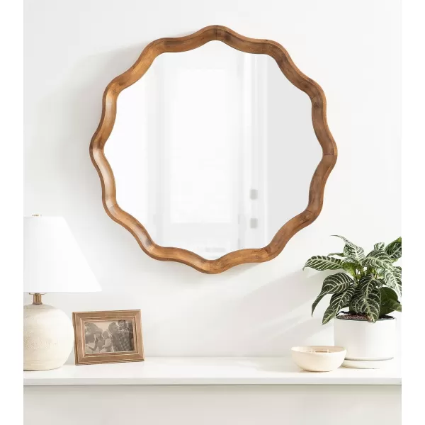 imageKate and Laurel Hatherleigh Transitional Round Wooden Wall Mirror 28 Inch Diameter Rustic Brown Bohemian Scalloped Wavy Wood Circle Mirror for Use in Bathroom Entryway or Bedroom