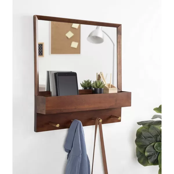 imageKate and Laurel Hinter MidCentury Framed Wall Mirror with Pocket Shelf 24 x 24 Walnut Brown Organizing Mail Holder and Wall Hooks