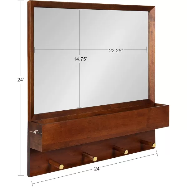 imageKate and Laurel Hinter MidCentury Framed Wall Mirror with Pocket Shelf 24 x 24 Walnut Brown Organizing Mail Holder and Wall Hooks