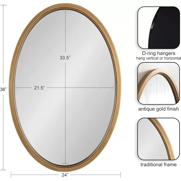 Kate and Laurel Hogan Farmhouse Oval Framed Wall Mirror 18 x 24 Natural Rustic Decorative Traditional Wood Mirror with Soft Curvature and Oval ShapeGold