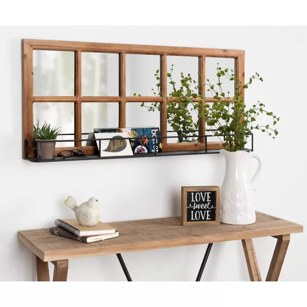 imageKate and Laurel Jackson Casual Farmhouse Solid Wood 10 Windowpane Mirror with Distressed Black Metal Shelf 40x18 Rustic CaramelBrown