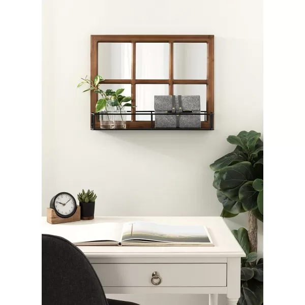 imageKate and Laurel Jackson Casual Farmhouse Solid Wood 10 Windowpane Mirror with Distressed Black Metal Shelf 40x18 Rustic CaramelBrownBlack