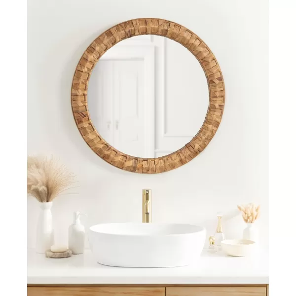 Kate and Laurel Laalima Boho Woven Round Mirror 26 Inch Diameter Rustic Brown Decorative Circle Mirror with Authentic Water Hyacinth Frame for Coastal Mirror Decor