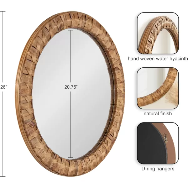 Kate and Laurel Laalima Boho Woven Round Mirror 26 Inch Diameter Rustic Brown Decorative Circle Mirror with Authentic Water Hyacinth Frame for Coastal Mirror Decor